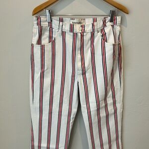 Reformation cropped white jeans with red and blue stripes. NWT.